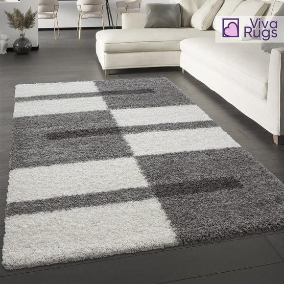 Fluffy Rug Grey White  Geometric Thick Soft Shaggy Large XL Small Living Room Bedroom Mat