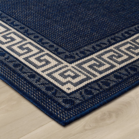 Kitchen Navy Blue Rug Flat Weave Non Slip Heavy Duty Hard Wearing Woven Carpet Modern Greek Key Pattern Bordered Geometric Pattern Small Large Hall Runner Polypropylene Mat 60x110 60x180 60x230 80x150 120x160 160x225