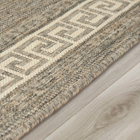 Kitchen Grey Cream Rug Flat Weave Non Slip Woven Carpet Modern Greek Key Pattern Bordered Geometric Design Large Hall Hallway Runner Long Polypropylene Mat 60x180 60x230