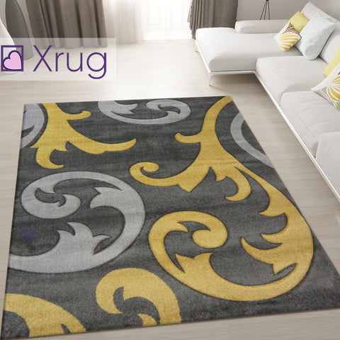 Grey Ochre Rug Mustard Floral Hand Carved Pattern Mat Bedroom Hall Runner Carpet
