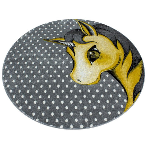 Kids Unicorn Rug Grey Yellow Nursery Carpet Childrens Animal Baby Room Round Mat