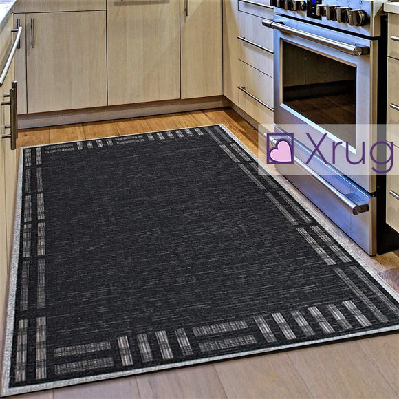 Kitchen Rug Black Grey Silver Border Pattern Hard Wearing Flat Weave Carpet Outdoor Indoor Floor Mat