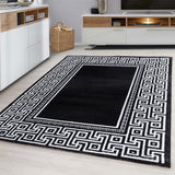 Contemporary Modern Geometric Bordered Traditional Oriental  Rug Black Grey Cream White Patterned Carpet Small Extra Large XL Living Room Bedroom Area Lounge Mats Woven Polypropylene Heatset Short Low Pile 120x170 200x290 160x230 80x150 80x300