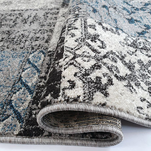 Oriental Rug Grey Blue Patchwork Pattern Mat Small Large Room Floor Check Carpet