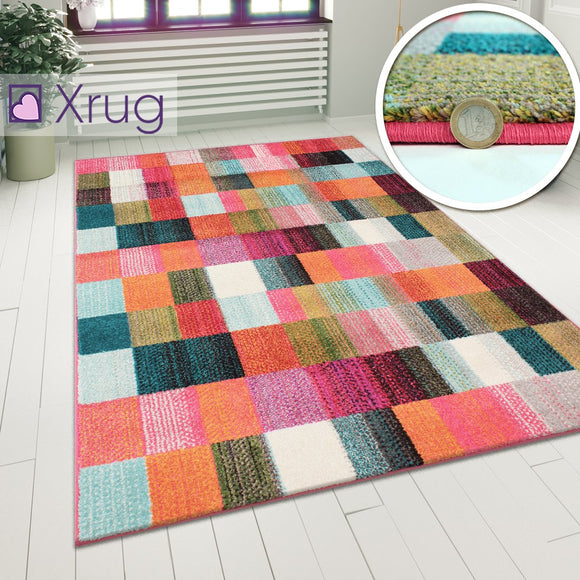 Modern Rugs Multi Coloured Check Pattern Carpet Geometric Small Large Room Mats