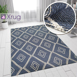 Cotton Rug Navy Blue Diamond Pattern Washable Modern Woven Mat Carpet Small Extra Large