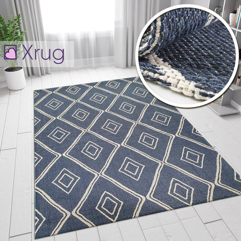 Cotton Rug Navy Blue Diamond Pattern Washable Modern Woven Mat Carpet Small Extra Large