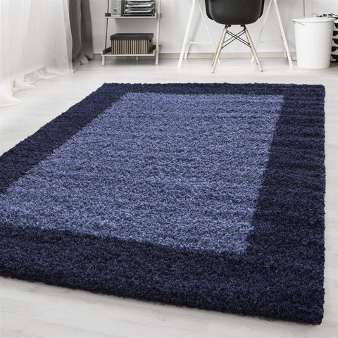 Navy Blue Fluffy Rug Deep Pile Shaggy Modern Pattern Round Mat Bedroom Lounge Carpet