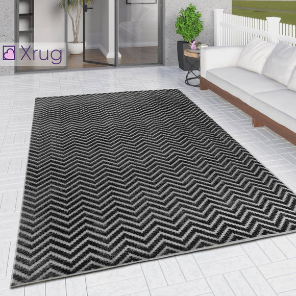 Outdoor Rug Black Grey Chevron Zig Zag for Decking Garden Patio Gazebo Large XL Small Woven Soft Geometric Mat