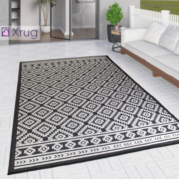 Outdoor Rug Black and White Cream Diamond Large XL Small for Garden Patios Decking Gazebo Soft Woven Geometric Mat