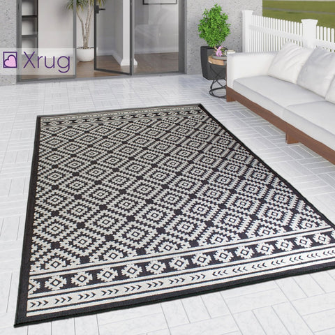 Outdoor Rug Black and White Cream Diamond Large XL Small for Garden Patios Decking Gazebo Soft Woven Geometric Mat