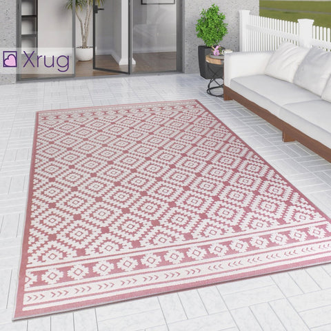 Outdoor Rug Dusky Pink Cream Diamond Large XL Small for Garden Patios Decking Gazebo Soft Woven Geometric Mat