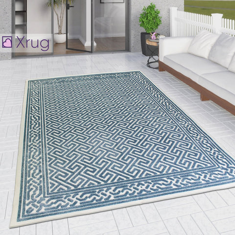 Outdoor Rug Teal Blue Large XL Small for Garden Patios Decking Gazebo Monochrome Soft Woven Greek Key Geometric Mat