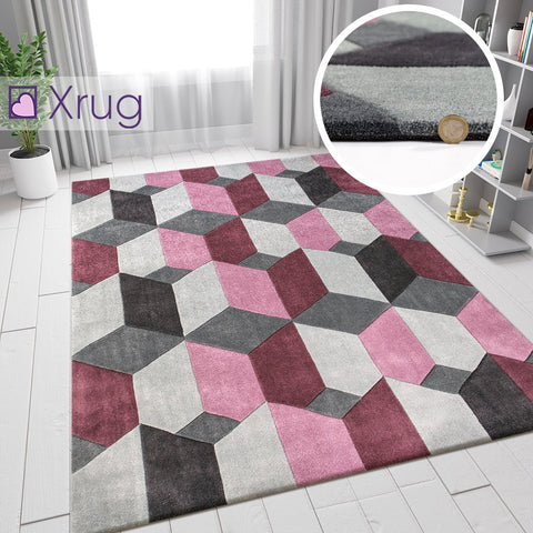 Purple Grey Rug Contour Cut Pattern Modern Geometric Mat Small Large Room Carpet