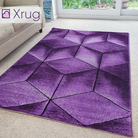 Purple Rug Geometric Patterned Rugs New 3D 80 x 150 120 x 170 160 x 230 200 x 290 Carpet Small Extra Large XL Living Room Bedroom Area Lounge Mats Woven Polypropylene Heatset Short Low Pile Hallway Runner 