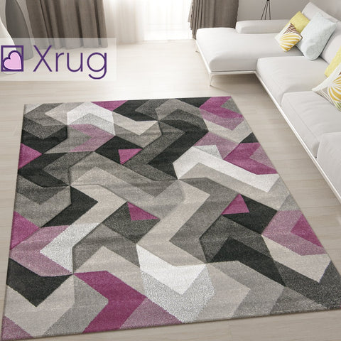 Purple and Grey Rug Abstract Hand Carved Pattern Carpet Small X Large Room Mat