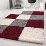 Red Fluffy Rug Grey Cream Geometric Pattern Shaggy Floor Carpet Living Room Mat