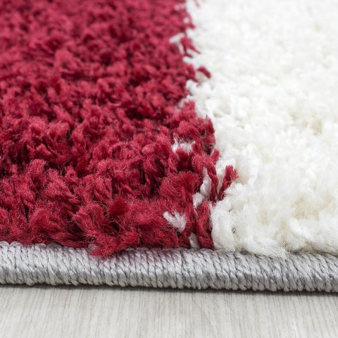 Red Fluffy Rug Grey Cream Geometric Pattern Shaggy Floor Carpet Living Room Mat