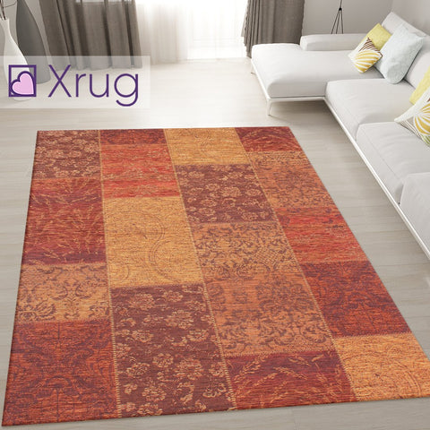 Terracotta Rug Patchwork Chenille Rugs Modern Living Room Mat Floor Carpet Checkered Geometric Bedroom Area Lounge Short Pile Contemporary Designer Woven Small Large