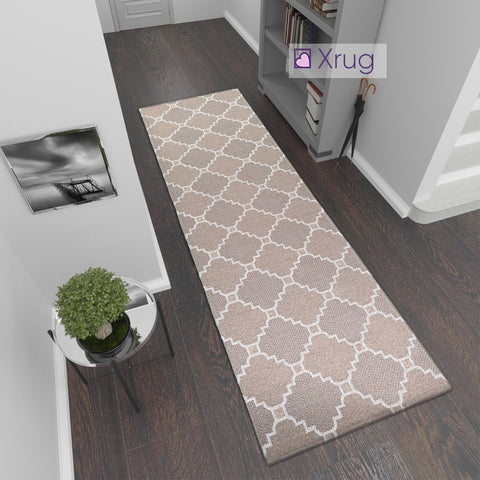 Modern Brown Taupe Cream Cotton Runner Rug Moroccan Trellis Pattern Washable Hallway Long Carpet Wooven Hall Mat -75x300cm Flatweave Living Room Bedroom Area Mat Contemporary