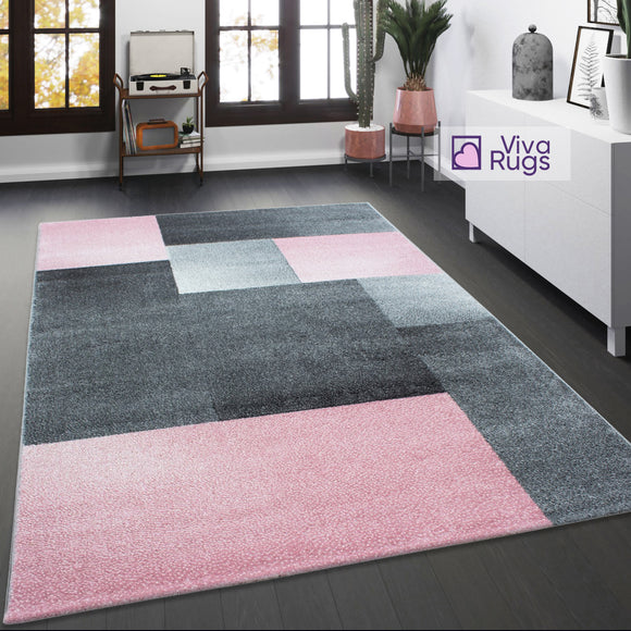 Grey Pink Rug Geometric Large Soft Thick Living Room Bedroom Pastel Carpet Mat