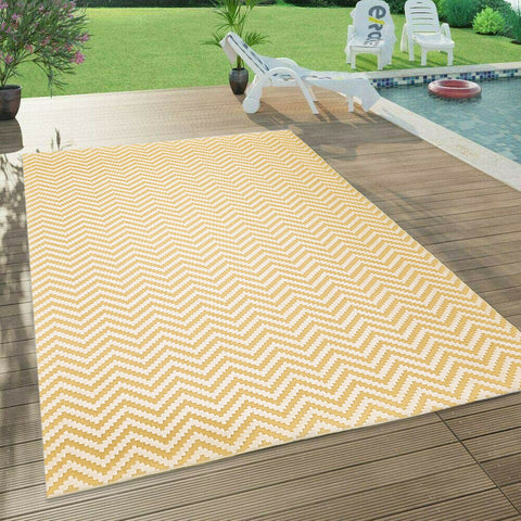 Outdoor Rug Yellow Cream Zig Zag Chevron for Decking Garden Patios Gazebo Large XL Small Woven Soft Geometric Mat