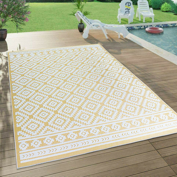 Outdoor Rug Yellow Cream Diamond Large XL Small for Garden Patios Decking Gazebo Soft Woven Geometric Mat