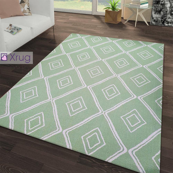 Green Cotton Rug Large Small Dimond Patterned Rug Runner Pastel Light Green Carpet Living Room Bedroom Mat Flatweave Washable Rug