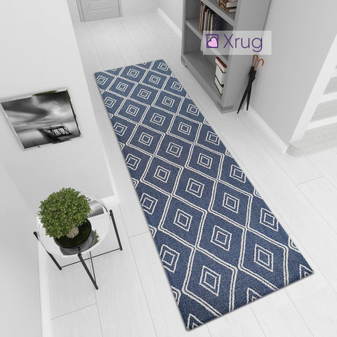 Modern Navy Blue Cream Runner Rug Geometric 100% Cotton Washable Woven Hallway Hall Flat Weave Carpet Natural Diamond Patterned Mat - 75x300cm  Living Room Bedroom Floor Area Mat Contemporary