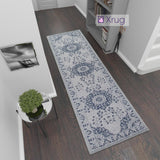 Modern Light Grey Navy Blue Oriental Vintage Rug Runner 100% Cotton Natural Hallway Hall  Flat Weave Carpet Washable Natural Woven Mat - 75x300cm  Living Room Bedroom Floor Area Mat Contemporary