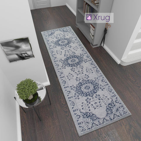 Modern Light Grey Navy Blue Oriental Vintage Rug Runner 100% Cotton Natural Hallway Hall  Flat Weave Carpet Washable Natural Woven Mat - 75x300cm  Living Room Bedroom Floor Area Mat Contemporary