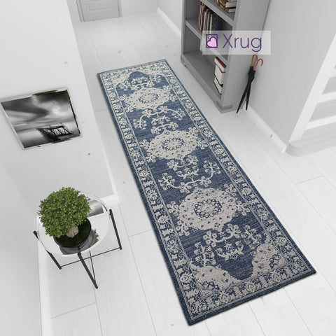 Modern Navy Blue Light Grey Oriental Vintage Rug Runner 100% Cotton Natural Hallway Hall  Flat Weave Carpet Washable Natural Woven Mat - 75x300cm  Living Room Bedroom Floor Area Mat Contemporary