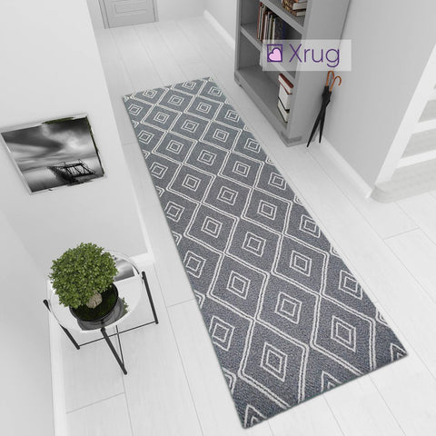 Modern Dark Grey Anthracite Cream Runner Rug Geometric 100% Cotton Washable Woven Hallway Hall Flat Weave Carpet Natural Diamond Patterned Mat - 75x300cm  Living Room Bedroom Floor Area Mat Contemporary