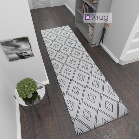 Modern Cream Dark Grey Anthracite Runner Rug Geometric 100% Cotton Washable Woven Hallway Hall Flat Weave Carpet Natural Diamond Patterned Mat - 75x300cm  Living Room Bedroom Floor Area Mat Contemporary