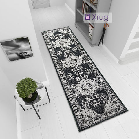 Cotton Washable Rug Runner Black Grey Oriental Carpet 3m Long Hallway Runner Natural 75x300cm