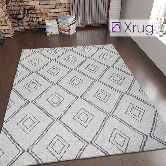 Cream Grey Rug Diamond Pattern 100% Cotton Washable Flat Weave Carpet Woven Living Room Bedroom Mat