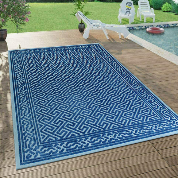 Outdoor Rug Navy Blue Large XL Small for Garden Patios Decking Gazebo Soft Woven Greek Key Geometric Mat