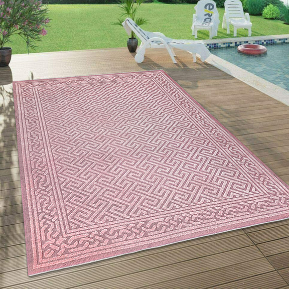 Outdoor Rug Pink Large XL Small for Garden Patios Decking Gazebo Monochrome Soft Woven Greek Key Geometric Mat