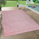 Outdoor Rug Pink Large XL Small for Garden Patios Decking Gazebo Monochrome Soft Woven Greek Key Geometric Mat