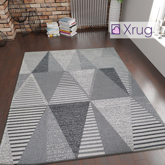 Grey Geometric Rug 100% Cotton Small Extra Large XL Washable Modern Flat Weave Carpet Woven Room Mat