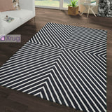 Modern Black Rug 100% Cotton Washable Large Small Living Room Carpet White Cream Geometric Pattern Flat Woven Mat