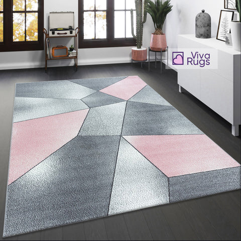  Pink Grey Rug Pastel Geometric Carpet Large XL Small Living Room Bedroom Lounge Area Mat 