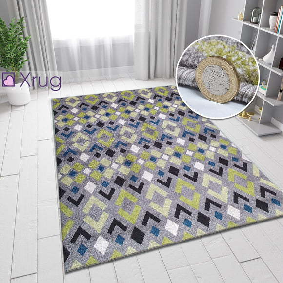 Modern Grey Rug Green Blue Patterned Carpet Small Large Living Room Hall Runner