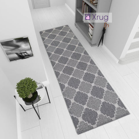 Modern Dark Grey Anthracite Light Grey Cotton Runner Rug Moroccan Trellis Pattern Washable Hallway Long Carpet Wooven Hall Mat -75x300cm Flatweave Living Room Bedroom Area Mat Contemporary